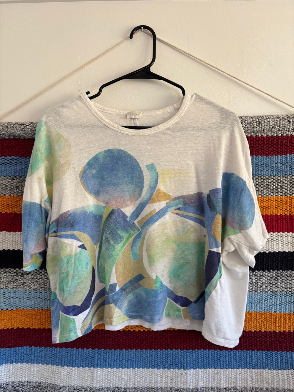 Poetry White Short-Sleeve Tee with Blue-Green Abstract Print